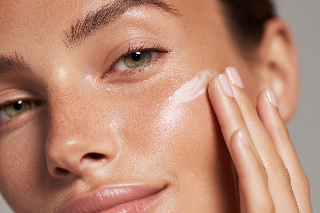 Woman applying moisturizer to support a healthy skin barrier as part of a natural herbal skincare routine.