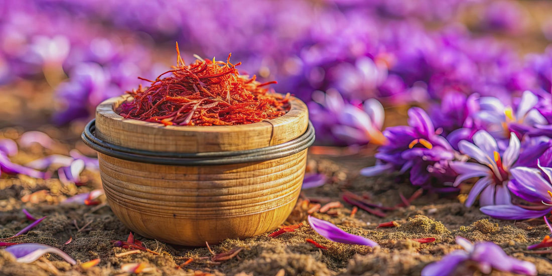 Spanish saffron threads in a wooden bowl surrounded by purple crocus flowers