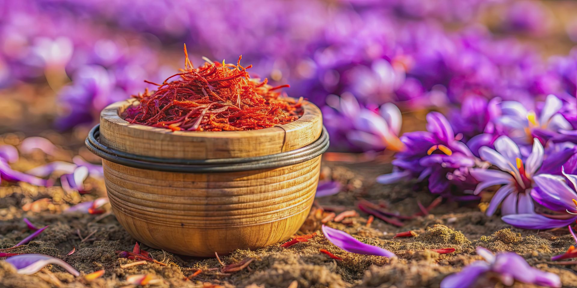 Spanish saffron threads in a wooden bowl surrounded by purple crocus flowers